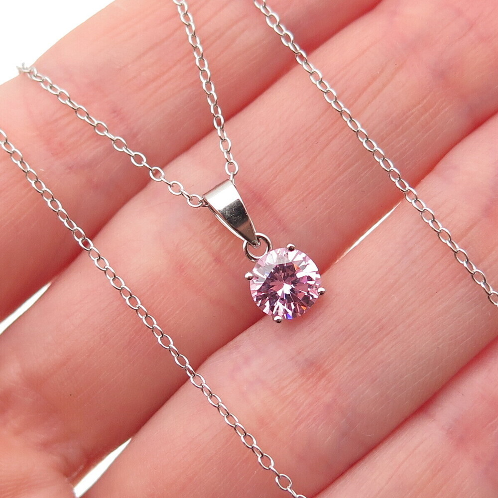 925 Sterling Silver Round-Cut Pink C Z Cable Chain Necklace 16-18"